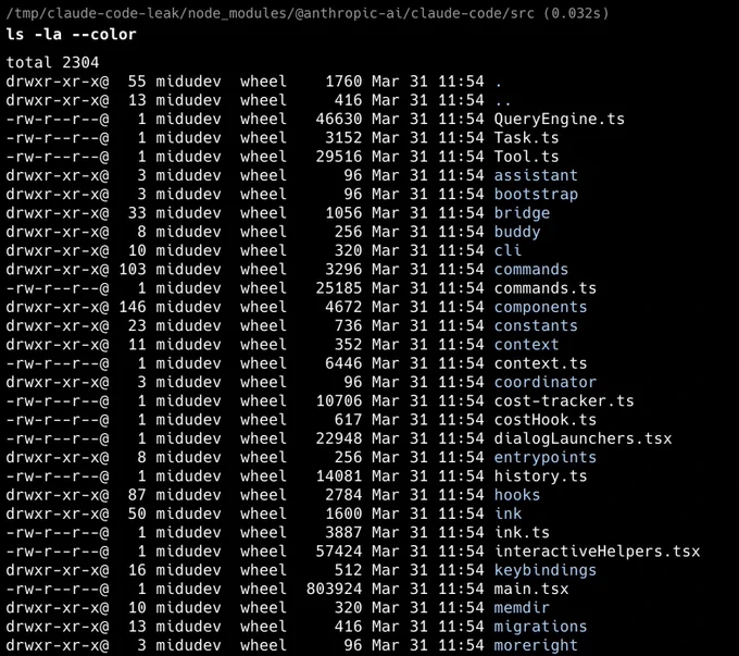 Captura de terminal en modo oscuro mostrando el contenido de la carpeta src de @anthropic-ai/claude-code tras listar archivos con ls -la --color. Se ven decenas de archivos y directorios TypeScript y TSX, como QueryEngine.ts, Tool.ts, commands.ts, context.ts, cost-tracker.ts, interactiveHelpers.tsx y un enorme main.tsx. La imagen deja bastante claro que aquí no se ha filtrado una migaja: parece el buffet libre entero del código fuente.