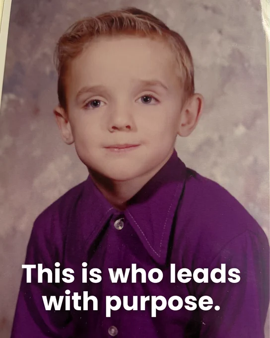 "This is who leads with purpose" text with image of Ken in kindergarten for school portrait dressed in purple button down shirt