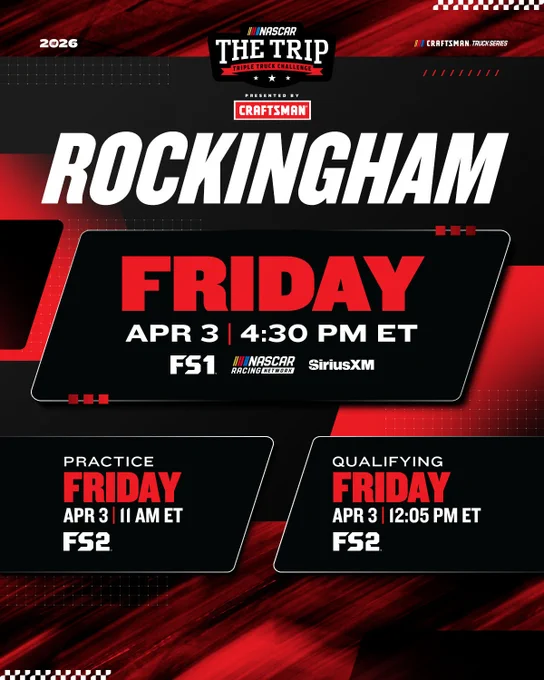 A tune-in graphic for the NASCAR CRAFTSMAN Truck Series race at Rockingham Speedway. The graphic reads, "Friday. April 3. 4:30 p.m. ET. FS1. NASCAR Racing Network. SiriusXM Radio."