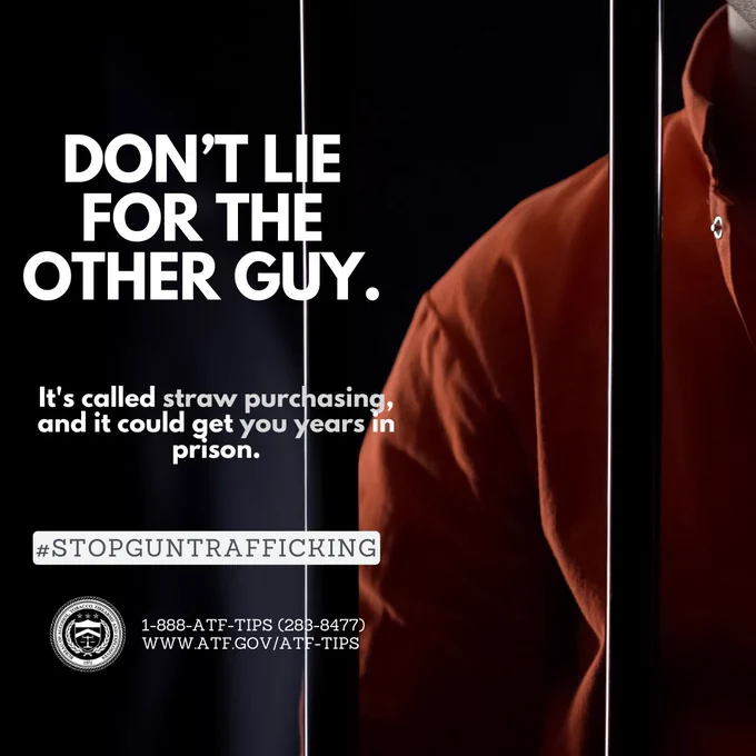 Close-up of a person in an orange jacket with text warning against straw purchasing and its legal consequences.