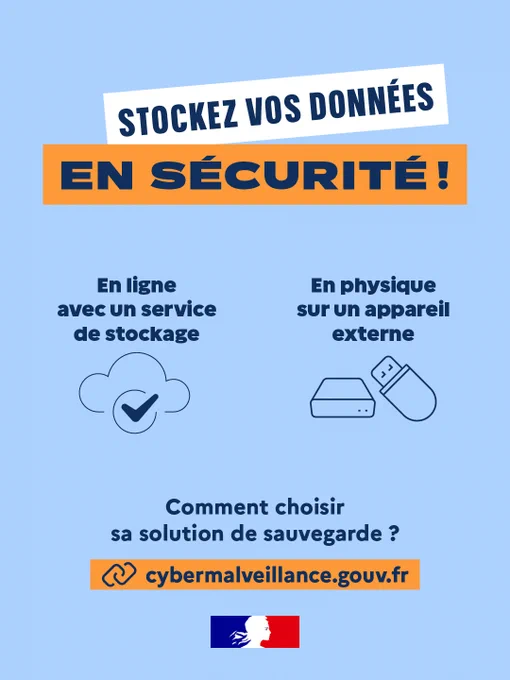 Infographie contenant les éléments de texte suivants : stockez vos données en sécurité ! En ligne avec un service de stockage. En physique sur un appareil externe. Comment choisir sa solution de sauvegarde ? Lien renvoyant vers le site cybermalveillance. 
