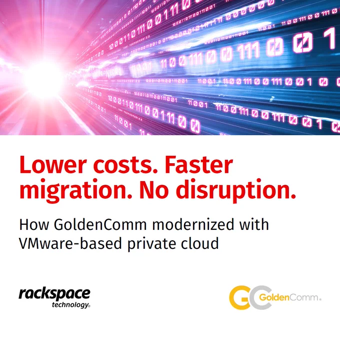 The image contains a promotional graphic with bright light trails moving across a dark background. Text reads: "Lower costs. Faster migration. No disruption. How GoldenComm modernized with VMware-based private cloud." The logos for Rackspace Technology and GoldenComm are displayed at the bottom.
