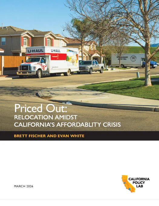 Screen shot of report cover, showing a Uhaul moving truck on a residential street, with another moving truck and pick-up in the background. Report title: Priced Out: Relocation amidst California's affordability crisis" Authors are Brett Fischer and Evan White. 