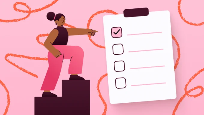 Illustration of a woman stepping up on blocks and pointing at a checklist on a clipboard, with one item checked off against a pink background.
