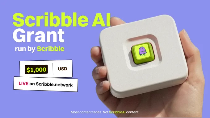 A hand holds a square device with a colorful button, promoting a $1,000 Scribble AI grant on a vibrant purple background.
