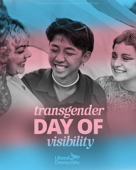 A stylised graphic featuring three young people smiling and embracing each other, overlaid with the colours of the transgender pride flag (blue, pink and white). 

Text reads “Transgender Day of Visibility”
