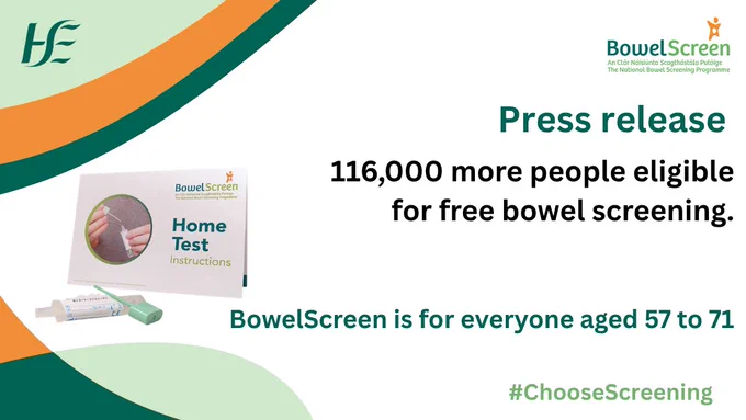 Press release graphic announcing BowelScreen expansion, with 116,000 more people now eligible for free bowel screening for ages 57 to 71, alongside an image of a home test kit.