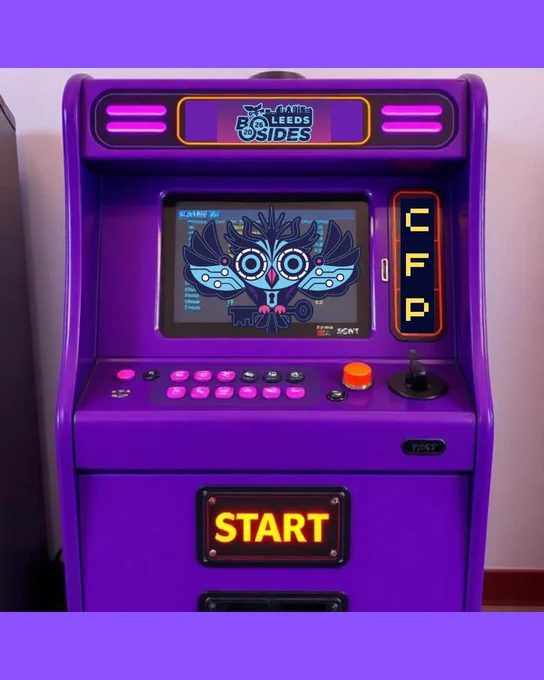 Arcade machine with BSides Leeds logo and the words CFP and Start on it