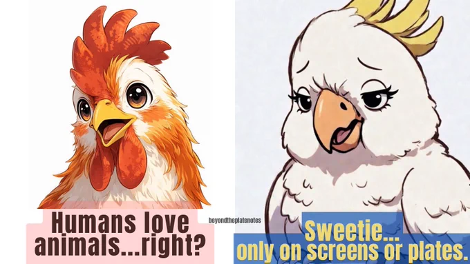 Illustrated meme of a rooster and a cockatoo in conversation.

Rooster: “Humans love animals… right?”

Cockatoo: “Sweetie… only on screens or plates.”