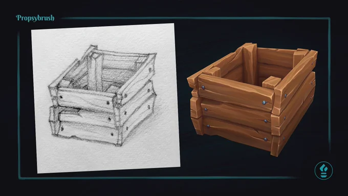 Stylized low-poly wooden crate shown side by side as a rough sketch and a handpainted render.