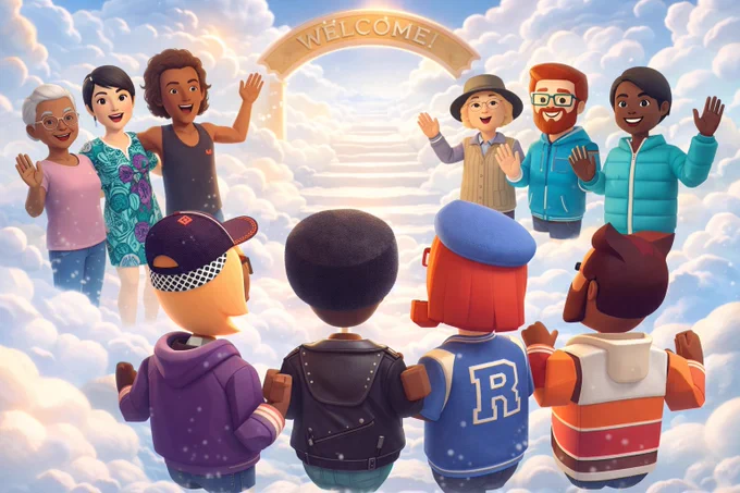 Meta Horizon World and Altspace avatars greet the newly arrived RecRoom avatars at the pearly gates of heaven