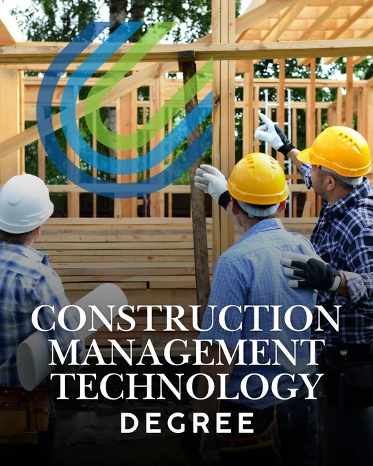 Workers in protective gear are at a wooden construction site, engaged in a building project. Overlaid on the image is the logo for Umpqua Community College. The text reads, "Construction Management Technology Degree.