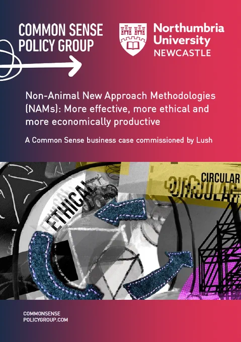 Report page with logos for the Common Sense Policy Group and Northumbria University. The background fades from dark blue to magenta with abstract collage graphics and words like “ethical” and “circular.” Large text reads “Non‑Animal New Approach Methodologies (NAMs): More effective, more ethical and more economically productive,” Smaller text reads "A Common Sense business case commissioned by Lush".