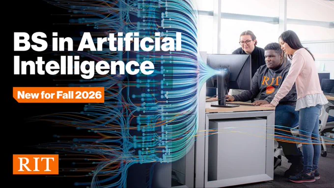 Three students hover over a black desktop computer screen which has blue beams bursting out of the back and becoming nodes with text BS in Artificial Intelligence New for Fall 2026