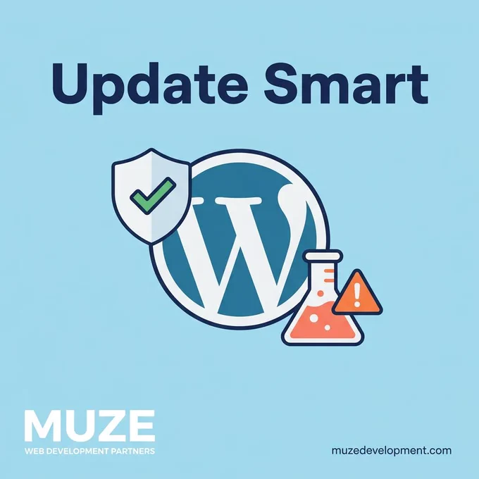 Flat illustration of WordPress logo flanked by a security shield with checkmark and a test beaker with warning triangle. Text reads Update Smart.