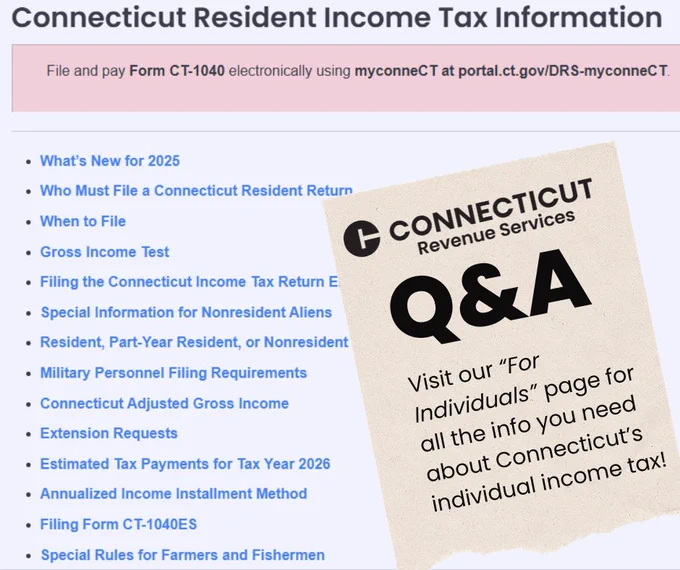 Image of the DRS Connecticut Resident Income Tax Information webpage 