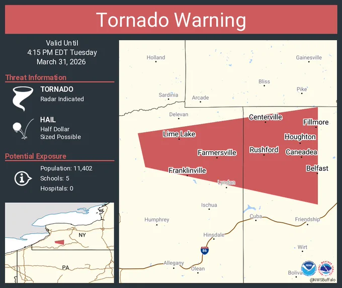 This graphic displays a tornado warning plotted on a map. The warning is in effect until 4:15 PM EDT. The warning includes Franklinville NY, Houghton NY and Lime Lake NY.  This warning is for Northeastern Cattaraugus County in western New York and Northwestern Allegany County in western New York. The threats associated with this warning are a radar indicated tornado and half dollar sized hail. There are 11,402 people in the warning along with 5 schools and 0 hospitals.