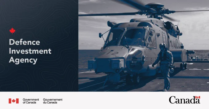 Naval helicopter stationed on a vessel with a soldier in tactical gear walking beside it. Text reads Defence Investment Agency.