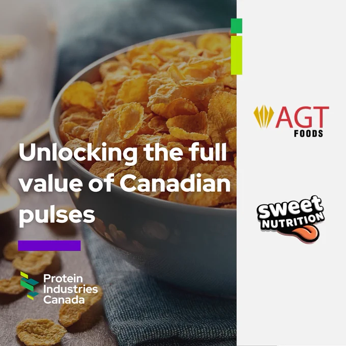 A bowl of golden flake cereal on a table with scattered flakes. Overlaid text reads ‘Unlocking the full value of Canadian pulses.’ Logos for Protein Industries Canada, AGT Foods, and Sweet Nutrition appear on the right side.