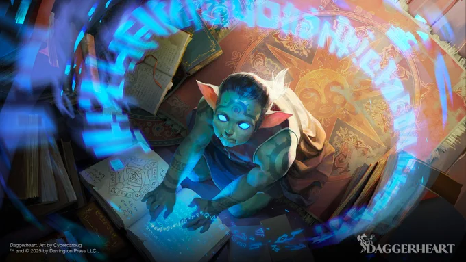 An illustration from the Daggerheart Domain card called "Codex-Touched" featuring someone reading a magic tome with sigils swirling in the air.