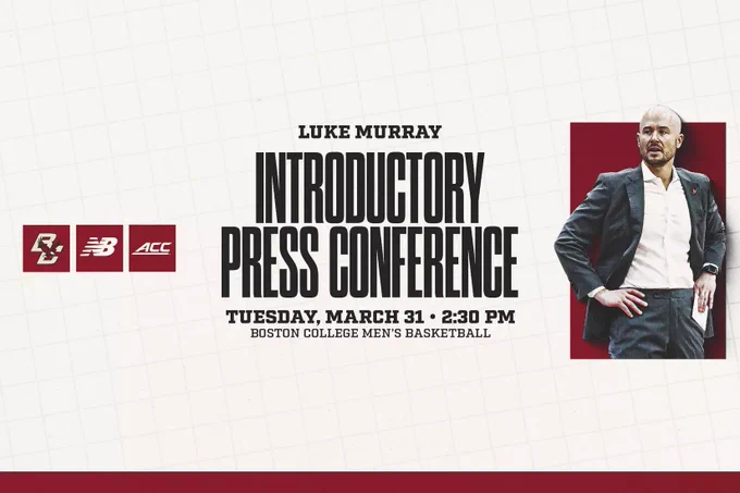 The image is a graphic for an introductory press conference featuring Boston College men's basketball. It includes logos for Boston College and the ACC, a New Balance logo, and the text: "Luke Murray Introductory Press Conference, Tuesday, March 31 - 2:30 PM." There is also a photo of a person in a suit on the right.