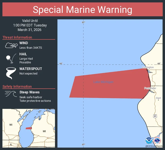 This graphic displays a special marine warning plotted on a map. The warning is in effect until 1:00 PM EDT. The warning includes Lake Michigan from Whitehall to Pentwater MI 5NM offshore to Mid Lake, Lake Michigan from Pentwater to Manistee MI 5NM offshore to Mid Lake, Pentwater to Manistee MI and Whitehall to Pentwater MI. The threats associated with this warning are wind gusts less than 34kts and large hail possible.Waterspouts are not expected. Steep waves can be expected. Seek safe harbor and take protective actions.