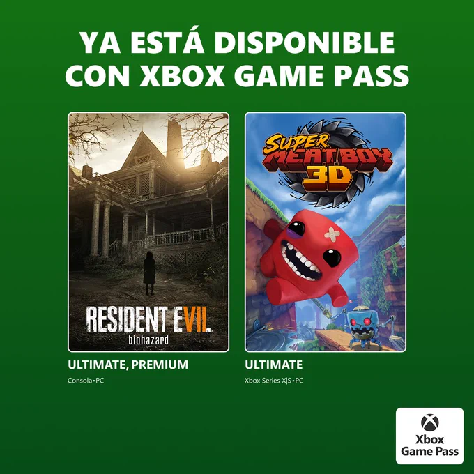 Disponible hoy con Xbox Game Pass:
Resident Evil: Biohazard con Xbox Game Pass Ultimate y Xbox Game Pass Premium en consola y PC.
Super Meat Boy 3D con Xbox Game Pass Premium en Xbox Series X|S, PC y dispositivos portátiles.