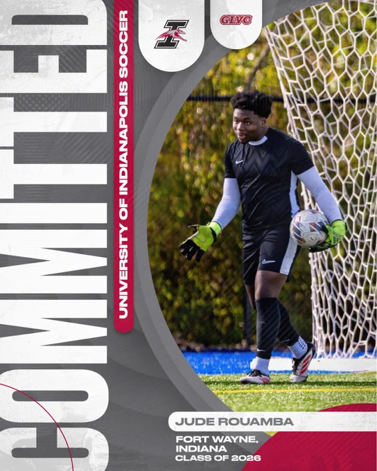 Graphic showing the newest goalkeeper addition to the University of Indianapolis  men’s soccer team for 2026, Jude Rouamba.