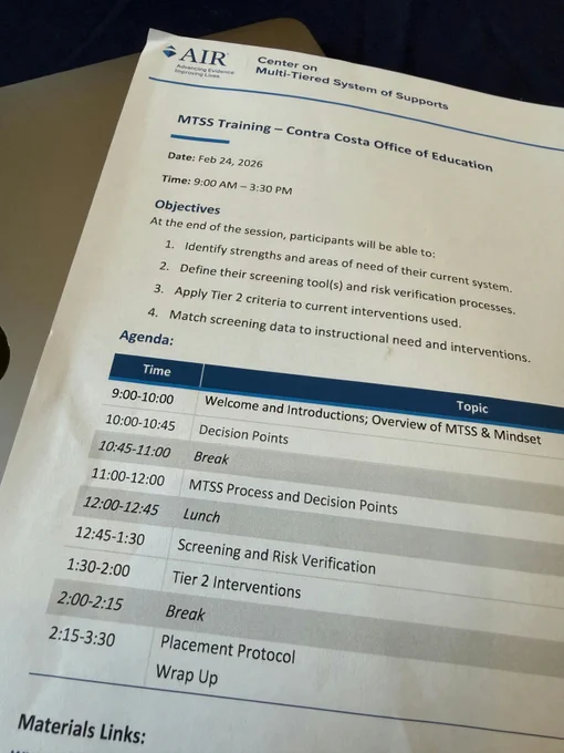 Photo of an agenda for MTSS Training at the Contra Costa Office of Education