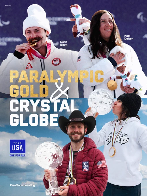 Graphic for Para Snowboarders Noah Elliott and Kate Delson both winning Paralympic Gold & Crystal Globe