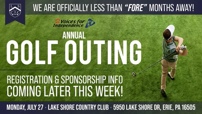 This image is an overhead shot of a golfer, immediately post-swing, at right. The majority of the image is filled with green grass. At top, the Lake Shore Country Club banner logo is at left, next to a dark blue header bar containing "We are officially less than 'FORE' months away!" in white text. Below, the VFI logo appears with "Annual Golf Outing" and "Registration & sponsorship info coming later this week!" in white text below. At bottom, a dark blue footer bar contains event details in white text, featuring date/location.