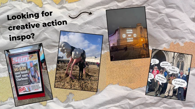 Yellow background with ripped white paper over the top and four photos from the actions against Bristol airport expansion: a mock-up of the sun newspaper in a bus shelter, an ostrich with its head in the sand, a projection on a building, and a protest with speech bubble placards.