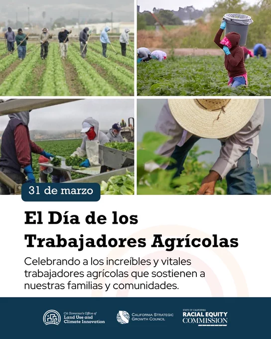 Un gráfico con cuatro fotos de trabajadores agricolas, que dice: 31 de marzo, El Día de los Trabajadores Agrícolas. Celebrando a los increíbles y vitales trabajadores agrícolas que sostienen a nuestras familias y comunidades.