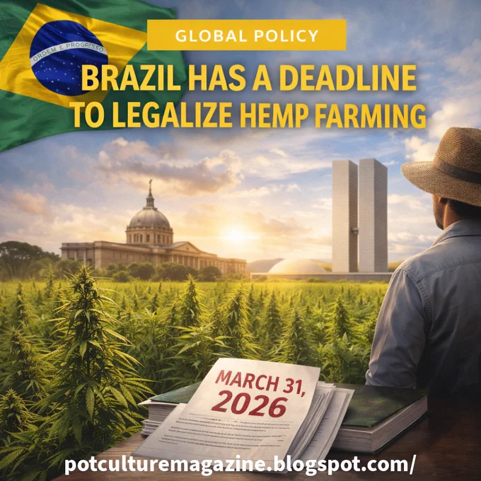 Feature image labeled “GLOBAL POLICY” with the headline “BRAZIL HAS A DEADLINE TO LEGALIZE HEMP FARMING,” showing a cannabis field at sunrise with Brazil’s flag in the sky, government buildings in the background, and a farmer looking over documents marked “March 31, 2026,” with potculturemagazine.blogspot.com at the bottom.