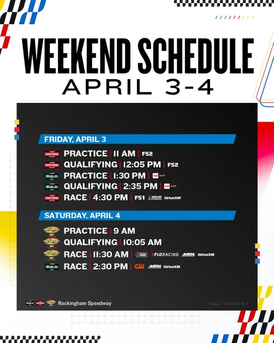 A weekend schedule graphic for the NASCAR race weekend at Rockingham Speedway. 