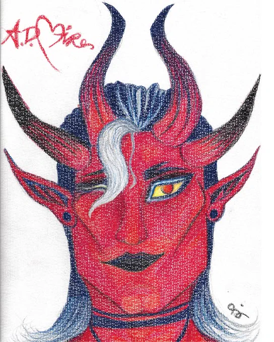 A colored pencil drawing of a four-horned devil woman with graying black hair. A white bang falls over her winking right eye. She wears black lipstick and has red eyes with yellow sclera. 