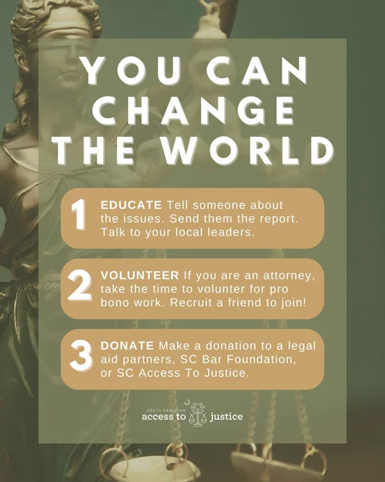 A motivational poster with Lady Justice in the background. It reads, "You can change the world," followed by three steps: 1. Educate—inform others and talk to leaders. 2. Volunteer—participate in pro bono work. 3. Donate to legal aid. Logos for South Carolina Access to Justice and SC Bar Foundation are included, conveying empowerment and action.