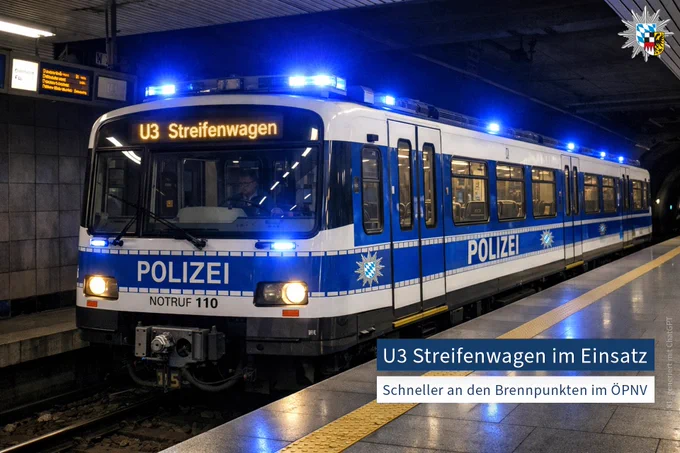 Das Bild zeigt einen U-Bahn Wagen in den Polizeifarben der bayerischen Landespolizei. Der Wagen befindet sich in einer U-Bahn-Station. Die Aufschrift lautet U3 Streifenwagen.