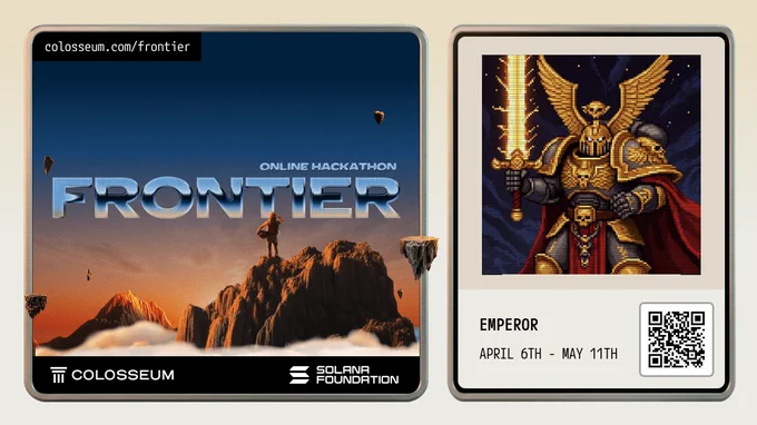 Colosseum Frontier Hackathon artwork featuring the epic FRONTIER landscape and Emperor warrior card for the April 6 – May 11 event.