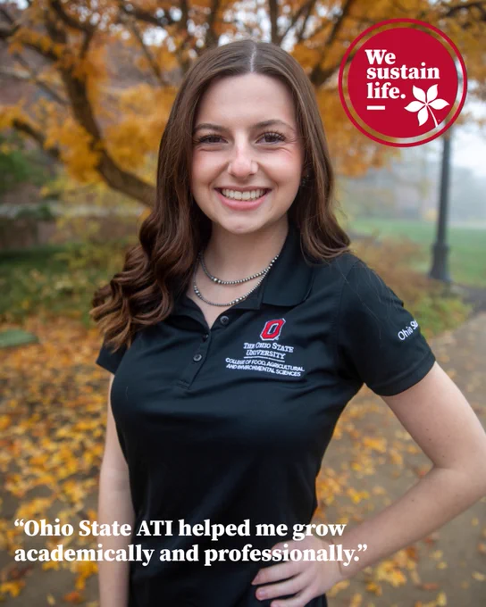 A professional headshot of student ambassador, Lilly, wearing a black Ohio State ATI polo shirt. A quote says, "Ohio State ATI helped me grow academically and professionally." The top right corner features a red circular logo with the text "We sustain life."