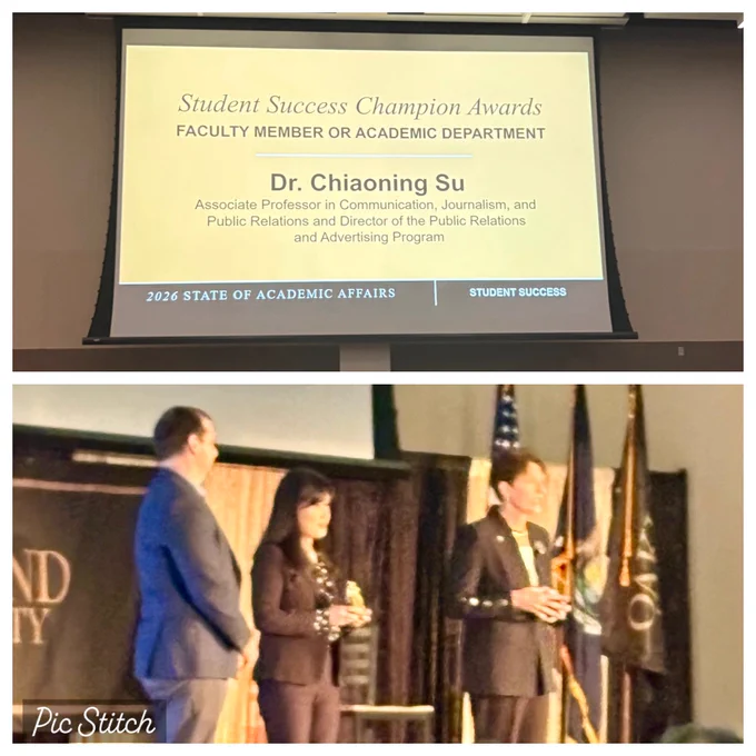 Slide announcing Chiaoning Su as a Student Success Champion, then pictured with Provost Amy Thompson and AVP for Student Success and Advising Neil Baumgartner.