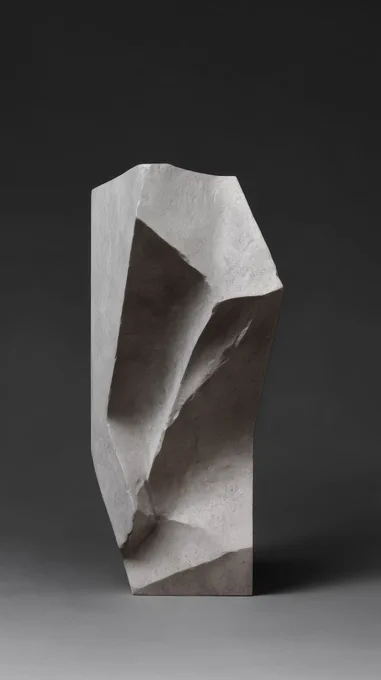 A sculptural AI-generated stone form — vertical, angular, with deep carved shadows against a dark grey background