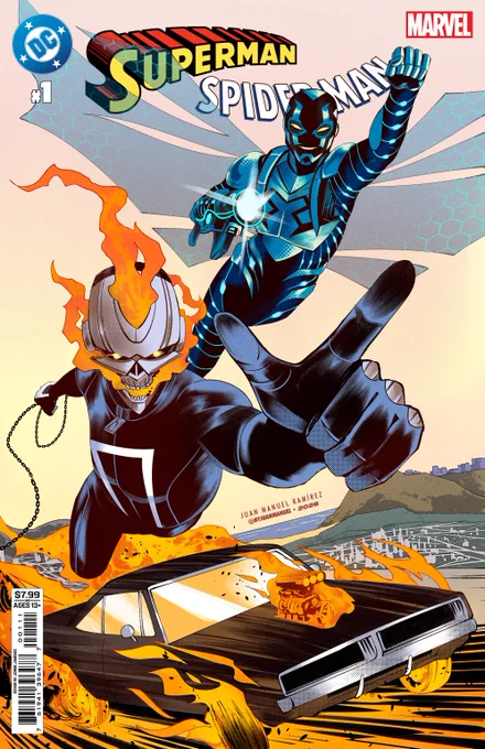 Ghost Rider (Robbie Reyes) and Blue Beetle (Jaime Reyes) in a epic comicbook cover from the crossover by Marvel and Dc comics of 2026, Superman/Spiderman
