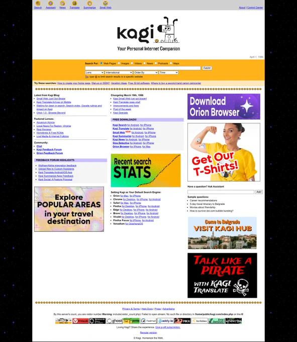 The front page of the Kagi search engine on 1 April 2026 in full HTML5/CSS3 splendor.