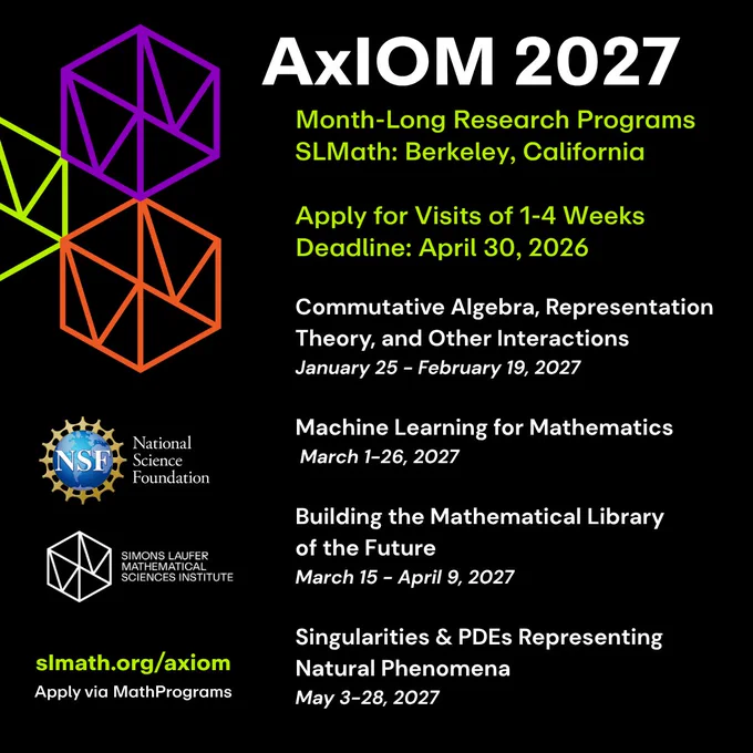 AxIOM 2027 Month-Long Research Programs at SLMath in Berkeley, California. Apply for Visits of 1-4 Weeks by Deadline: April 30, 2026. Topics: 1. Commutative Algebra, Representation Theory, and Other Interactions, January 25 - February 19, 2027. 2. Machine Learning for Mathematics, March 1-26, 2027. 3. Building the Mathematical Library 
of the Future, March 15 - April 9, 2027. 4. Singularities & PDEs Representing Natural Phenomena, May 3-28, 2027. Learn more: https://www.slmath.org/axiom. Apply via MathPrograms: https://www.mathprograms.org/db/SLMath