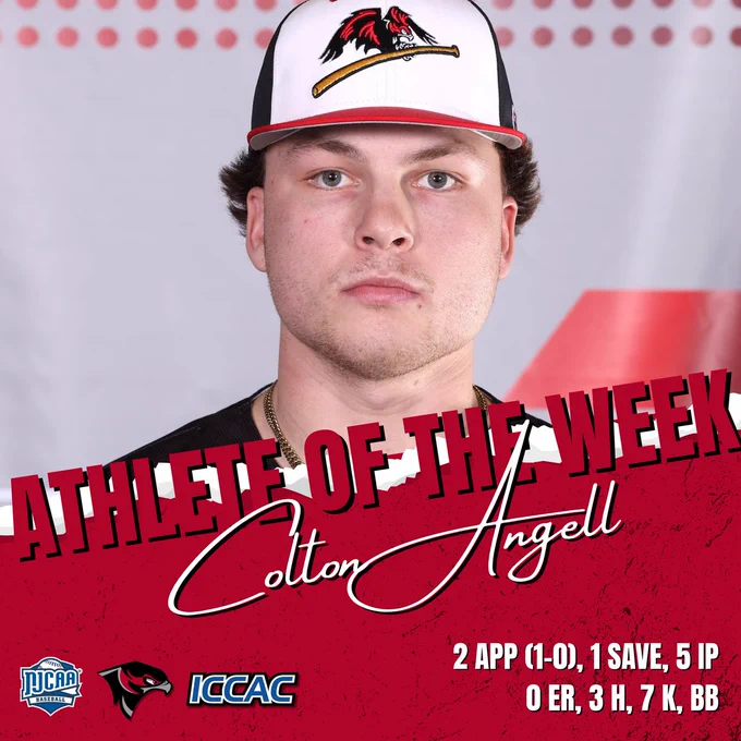 Athlete of the Week baseball graphic featuring a studio-style portrait of Colton Angell wearing a white and black cap with a red bird logo, facing forward against a light background. Bold red headline reads “ATHLETE OF THE WEEK,” with his name in white script over a red textured banner. Text reads: 2 APP (1-0), 1 SAVE, 5 IP, 0 ER, 3 H, 7 K, BB. NJCAA Baseball, red bird logo, and ICCAC logos at bottom.