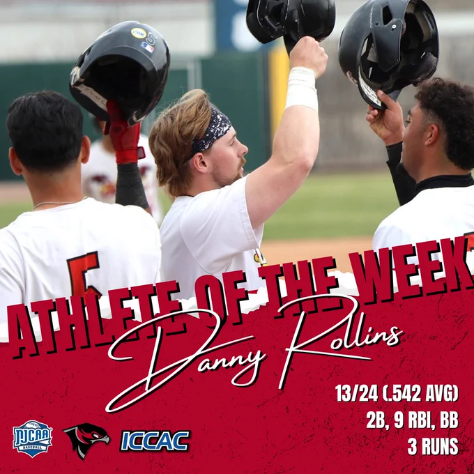 Athlete of the Week baseball graphic showing Danny Rollins celebrating with teammates, all raising black batting helmets after a play, with Rollins centered in profile wearing a white jersey and headband. Large red headline reads “ATHLETE OF THE WEEK,” with his name in white script across a red textured banner. Stats shown: 13/24 (.542 AVG), 2B, 9 RBI, BB, 3 runs. NJCAA Baseball, team logo, and ICCAC logos at bottom.