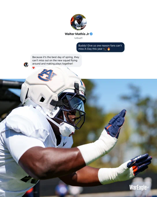 Graphic of Walter Mathis Jr. encouraging fans to come to A-Day on April 18! 