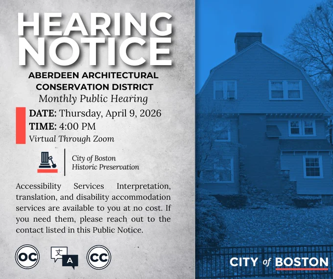 Graphic announcing the next hearing for the Aberdeen Architectural Conservation District Commission. 