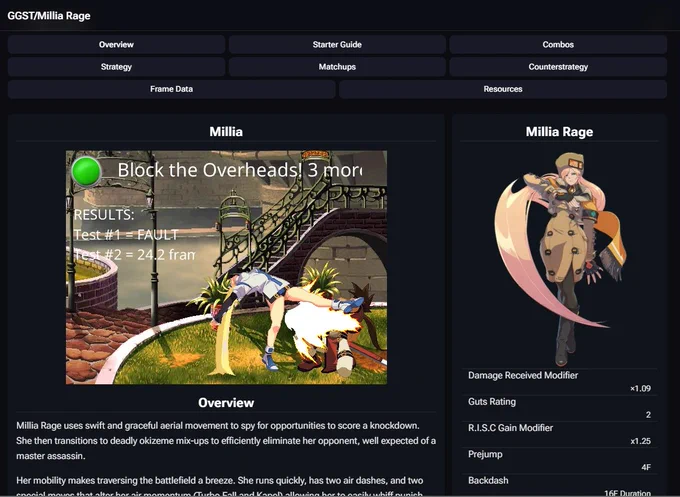 The G G S T Millia page. Sol Badguy is getting domed by Plus R Millia 6K. 